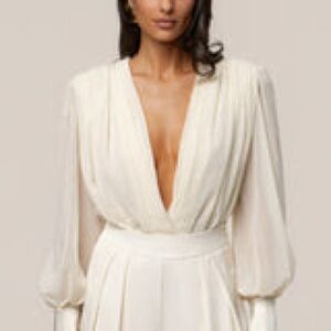 JLUXLABEL Cream Deep-V Long Sleeve Bodysuit